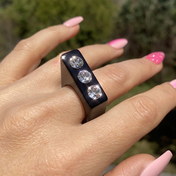 Black Acrylic Statement Ring Embellished With Genuine Crystals, Geometric Design - Picture 4 of 13